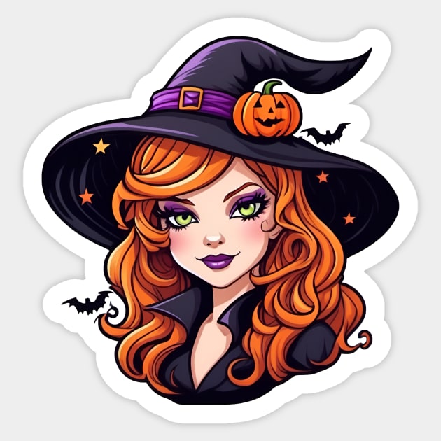 a witch with long red hair wearing a hat Sticker by CreativeXpro